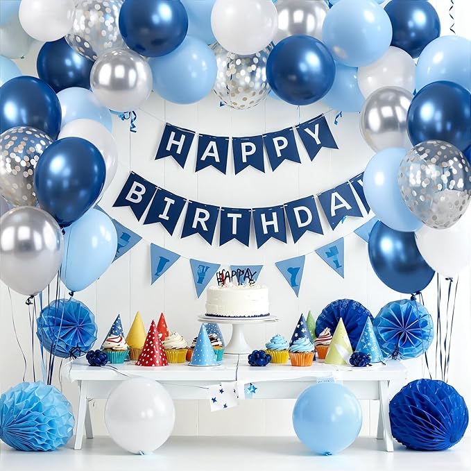 Zesliwy Blue White Silver Balloons Set,50Pcs 12 Inch Metallic Dark Blue Sliver Balloon Royal Light Blue white with Silver Confetti Balloons for Birthday Graduation Wedding Retirement Party Decoration