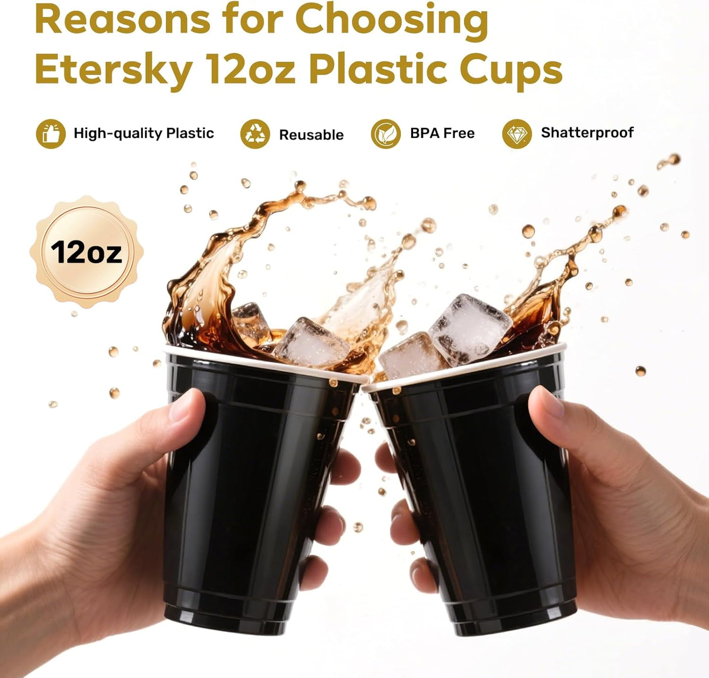 100PCS Black Plastic Cups, 12oz Disposable Party Cups Bulk, BPA Free Drink Cups for Soda Juice Beer Cocktail Cold Drinks Suitable for Wedding Halloween Thanksgiving Christmas Birthday Celebrations