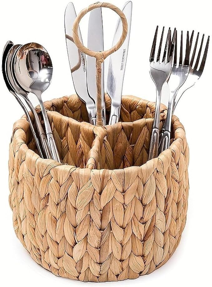 Wicker Flatware Organizer Kitchen Utensil Organizer Woven with Handle Cutlery Holder Divided Utensil Holder for Party Spoons