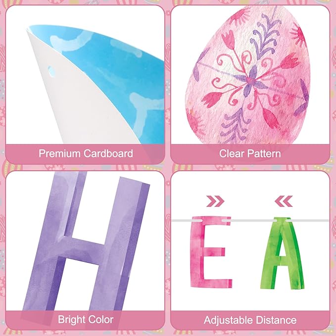 Happy Easter Decorations Banner - DIY Paper Eastesr Banners, Spring Watercolor Eggs Sign Garland Backdrop for 2026 Easter Indoor Outdoor Home Office Fireplace Wall Party Decor Supplies Favors Props