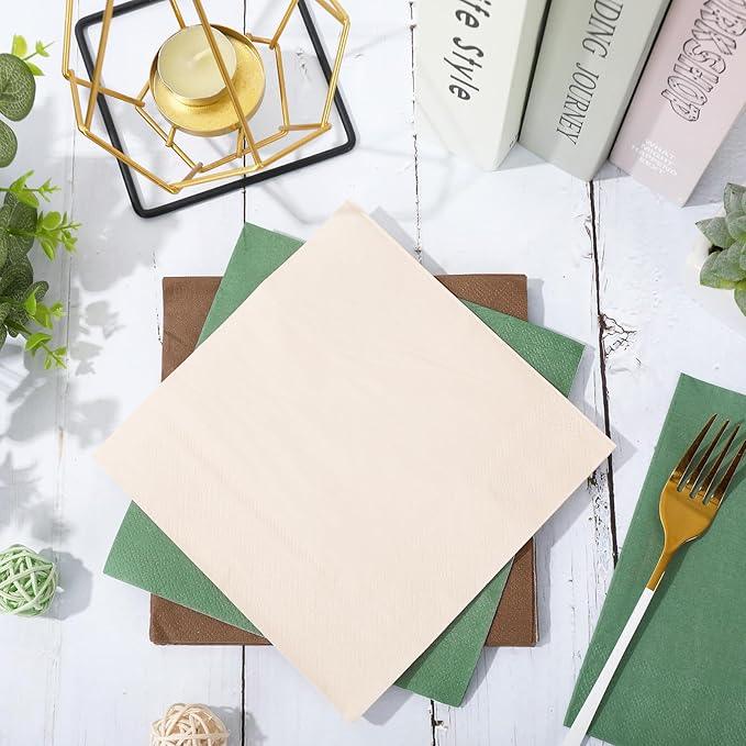 Whaline 150 Pcs Woodland Paper Napkin 3 Colors Dinner Napkin Beige Brown Green Disposable Luncheon Napkin for Woodland Baby Shower Party Supplies Table Decor
