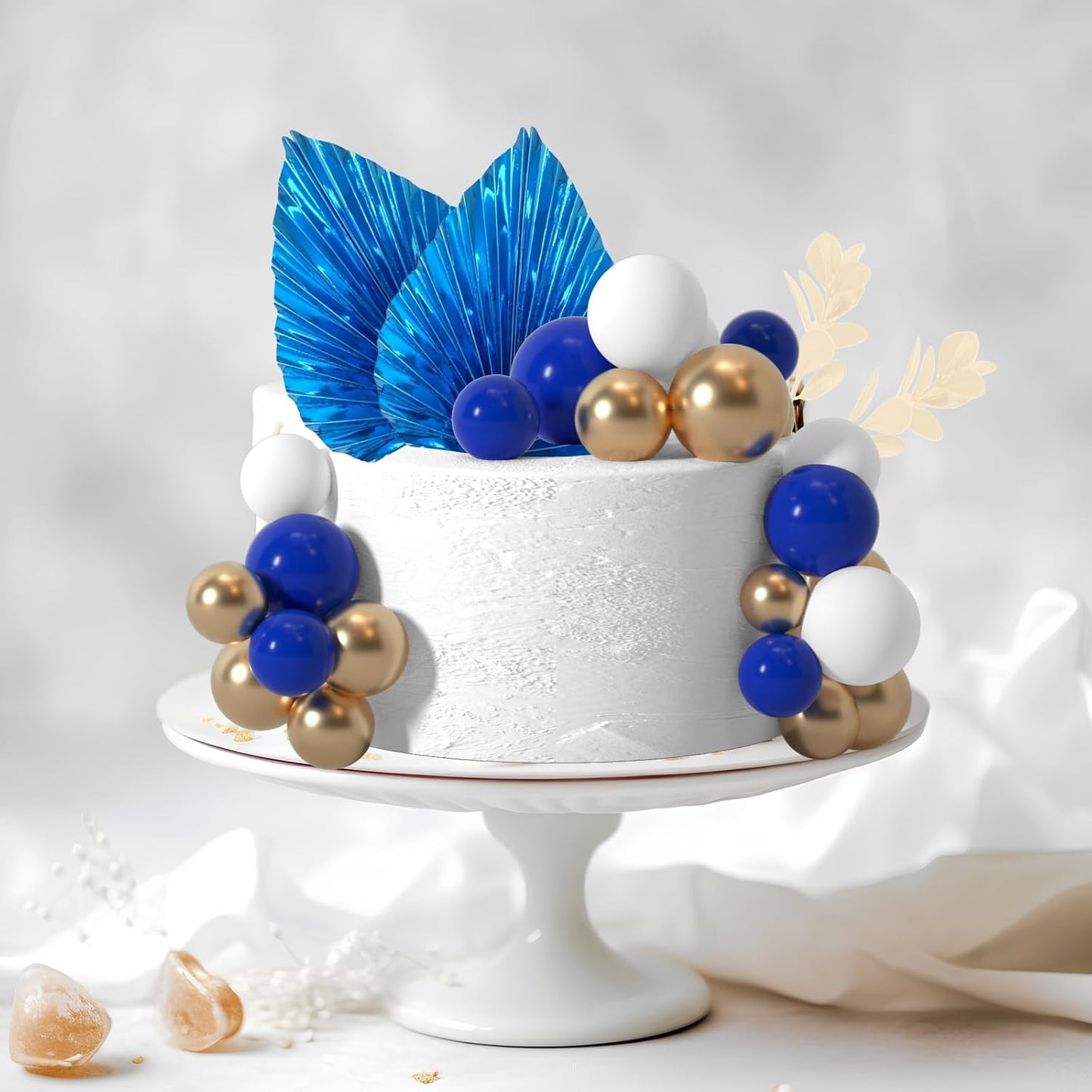 NEBURORA 64 Pcs Balls Cake Toppers and Leaves Decoration Set Mini Balloons for Cake Decorating Supplies Balls Cake decorations for Baby Shower Cake Toppers Birthday Cake Decorations(Blue Gold）