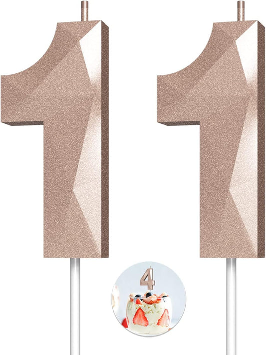 Number Birthday Candles(11 Candle Rose Gold) 3D Diamond Shape Number Happy Birthday Cake Candles for Birthday Party Wedding Decoration Reunions Theme Party