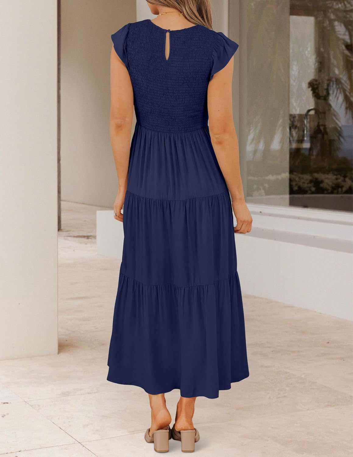 ZESICA Women's 2025 Summer Casual Flutter Short Sleeve Crew Neck Smocked Elastic Waist Tiered Midi Dress