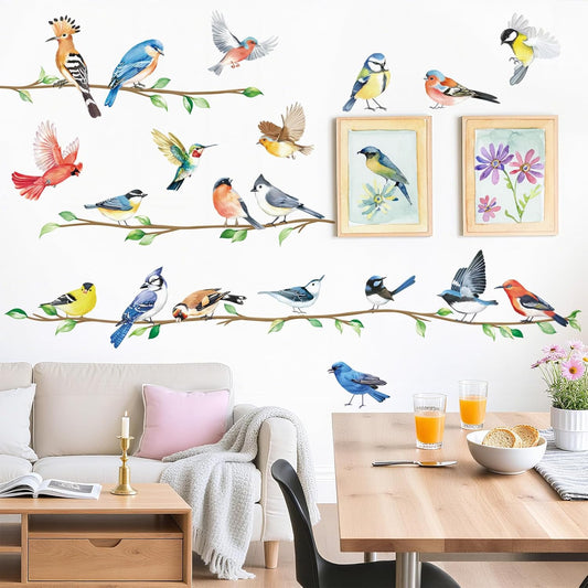 decalmile Birds on Branch Wall Decals Colorful Bird Wall Stickers Bedroom Living Room Office Kitchen Home Decor
