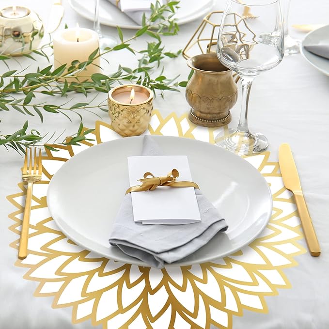 Sinmoe 100 Pack Disposable Paper Placemats Bulk 13 Inch Paper Charger Place Mat Party Charger Plates Table Place Mats for Dinner Wedding Birthday Baby Shower Spring Dining Tableware(Golden Print)
