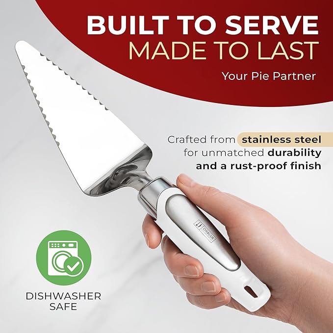 Orblue Pie Server, Essential Kitchen Tool, Serrated on Both Sides, Great for Right or Left Handed Chef, Stainless Steel Flatware , Cake Cutter,White