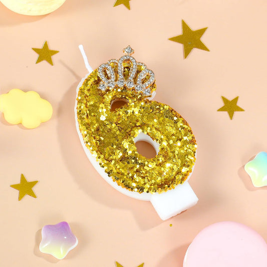Gold Birthday Candle Crown Number 6 Candle with Sequins Cake Candles Cupcake Decorations Party Decor for Anniversary Celebrations Supplies