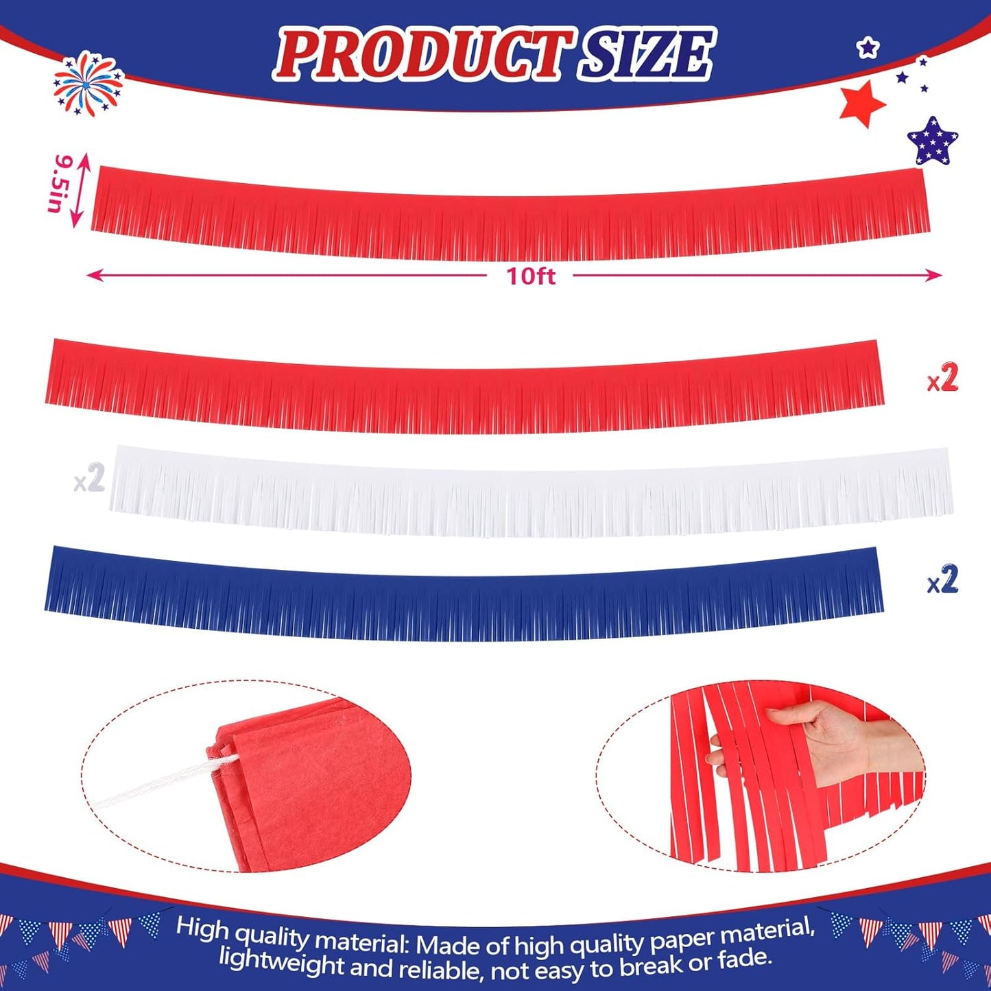 Taiyin 12 Pack 120 Feet Red, White, Blue Fringe Garland Tissue Paper Fringe Tassel Party Garland Decor Wall Hanging Banner Backdrop Streamers for Patriotic Day 4th of July Birthday Party