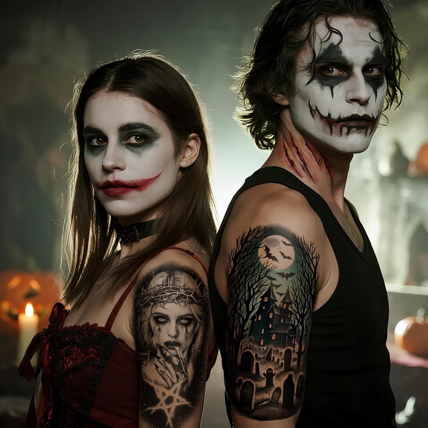 77 PCS Halloween Temporary Tattoos Adult Kids, 17 PCS Half Arm Pumpkin Bat Crow Witch Skull Fake Tattoos, 60 PCS Spider Cat Ghost Scar Tiny Realistic Face Body Tattoos Stickers for Halloween Costume