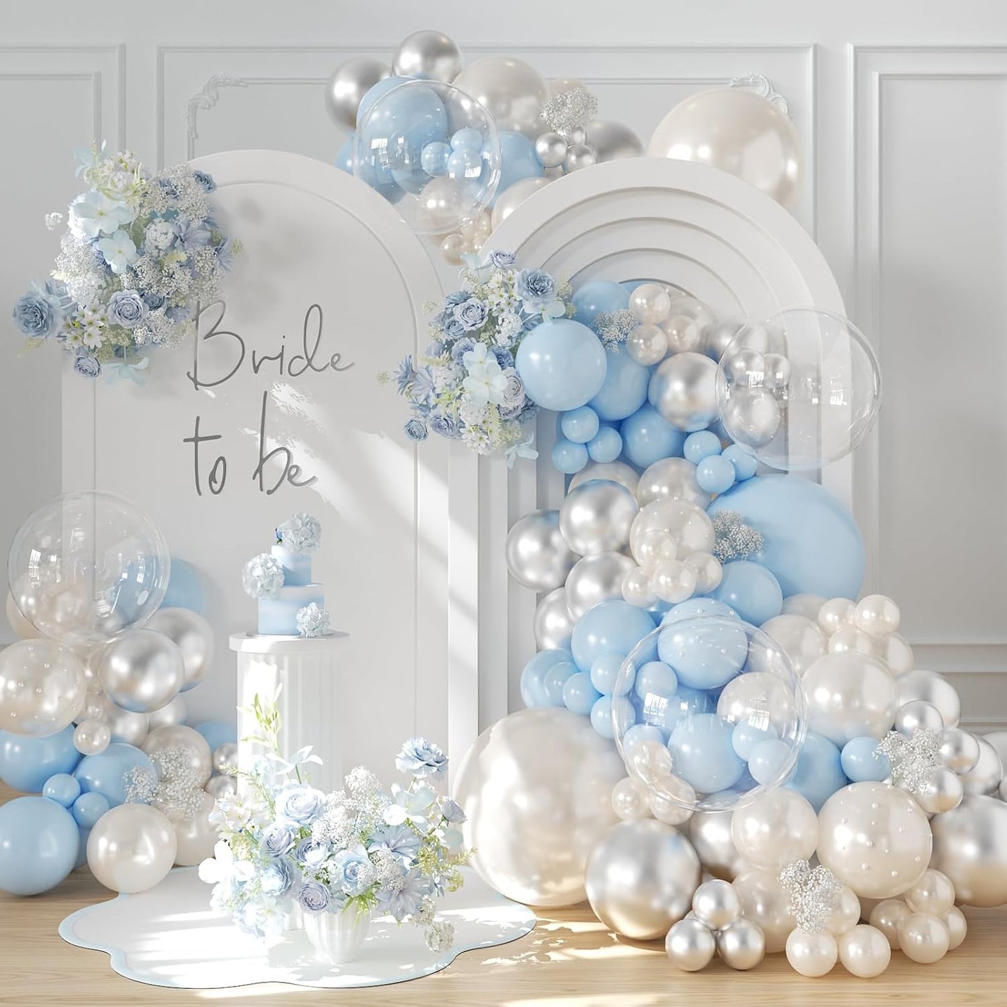 CROSSFINGERS Pearl Blue and White Balloon Garland Arch Kit, 128pcs Light Blue Silver White Balloons with Pearl Stickers for Birthday Wedding Baby Shower Bridal Shower Engagement Party Decorations