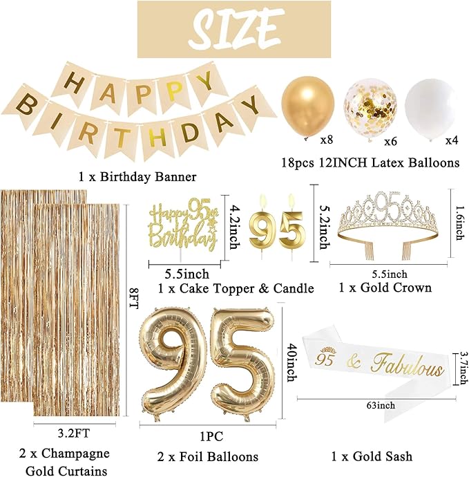 Trgowaul 95th Birthday Decorations for Women, Banner, Sash and Crown, Cake Topper, 95 Number Balloon, Fringe Curtains, Champagne Gold 95th Birthday Party Supplies