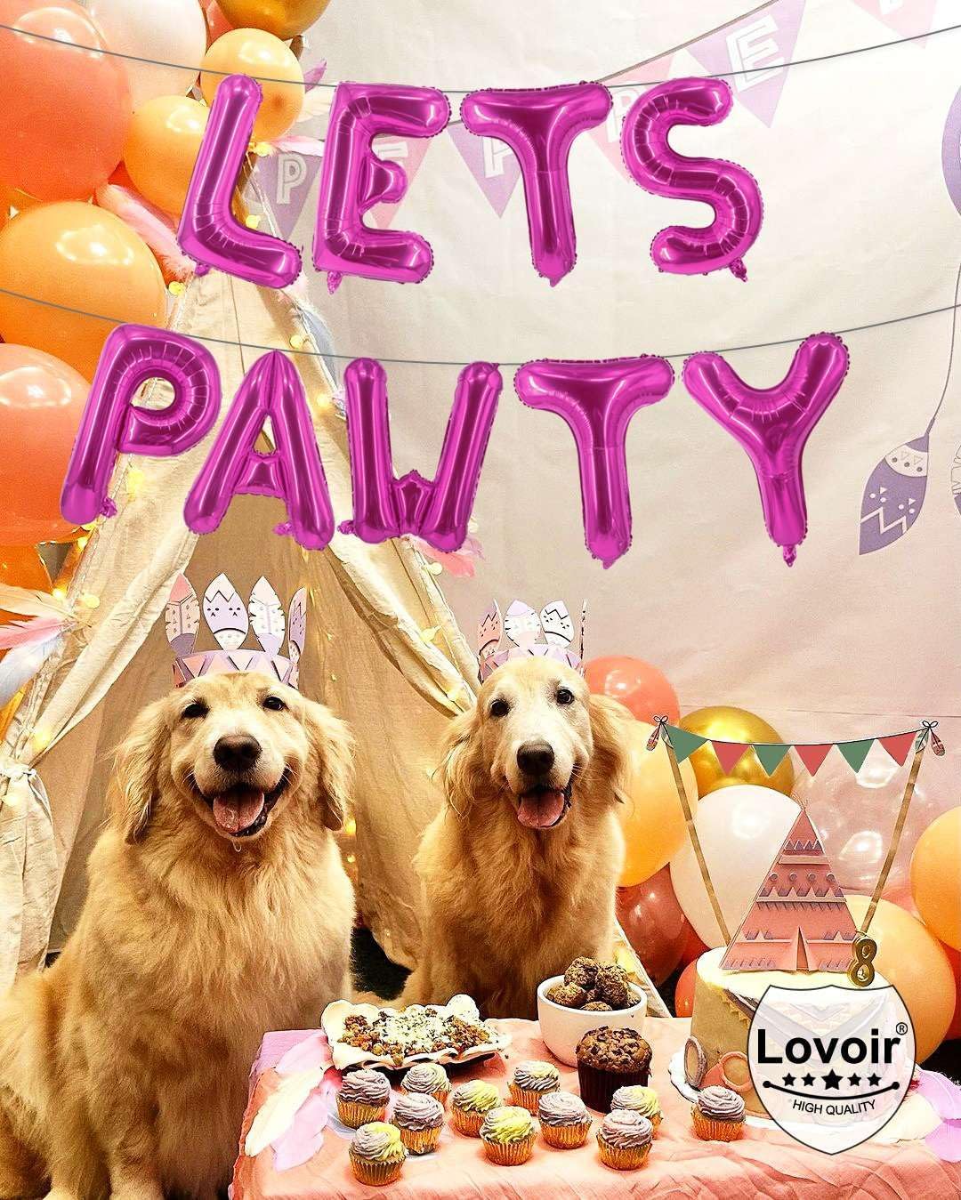 9 Pcs Lets Pawty Balloons Banner 16 Inch, Dog Cat Pet Birthday Letters Sign Lets Pawty Balloons Happy Birthday Banner for Pet Dog Cat Party Supplies Decorations (Pink)