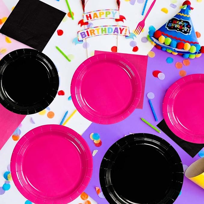200Pcs Hot Pink and Black Birthday Decorations Hot Pink Party Plates and Napkins Disposable Heavy Duty Pink and Black Tableware Set for Valentine’s Day Girls Women Birthday Bridal Shower Gender Reveal
