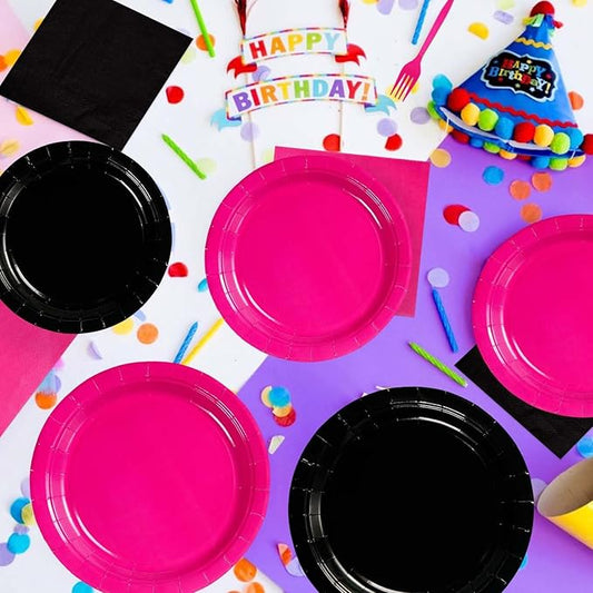 200Pcs Hot Pink and Black Birthday Decorations Hot Pink Party Plates and Napkins Disposable Heavy Duty Pink and Black Tableware Set for Valentine’s Day Girls Women Birthday Bridal Shower Gender Reveal