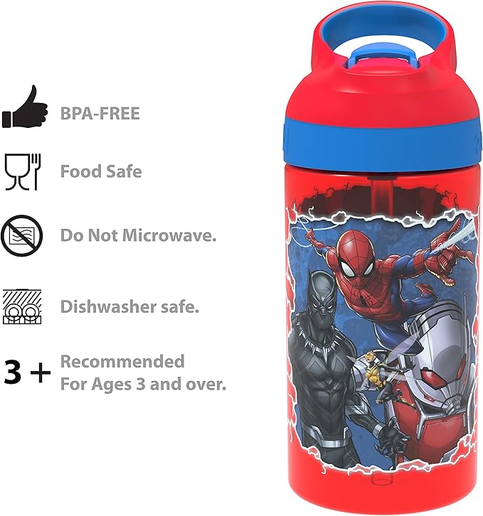 Zak Designs 5-Piece Dinnerware Set, Marvel Universe - Durable Plastic & Stainless Steel - Includes Water Bottle, 8-Inch Plate, 6-Inch Bowl, Fork & Spoon - Suitable for Kids Ages 3+