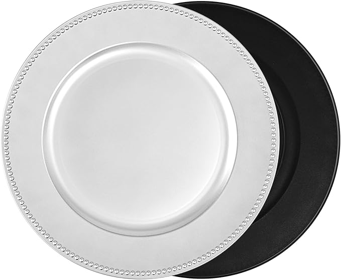 50 Silver Charger Plates Bulk, 13" Round Beaded Decorative Dinner Chargers for Wedding, Holiday, Baby Shower, Event Decoration (Silver)