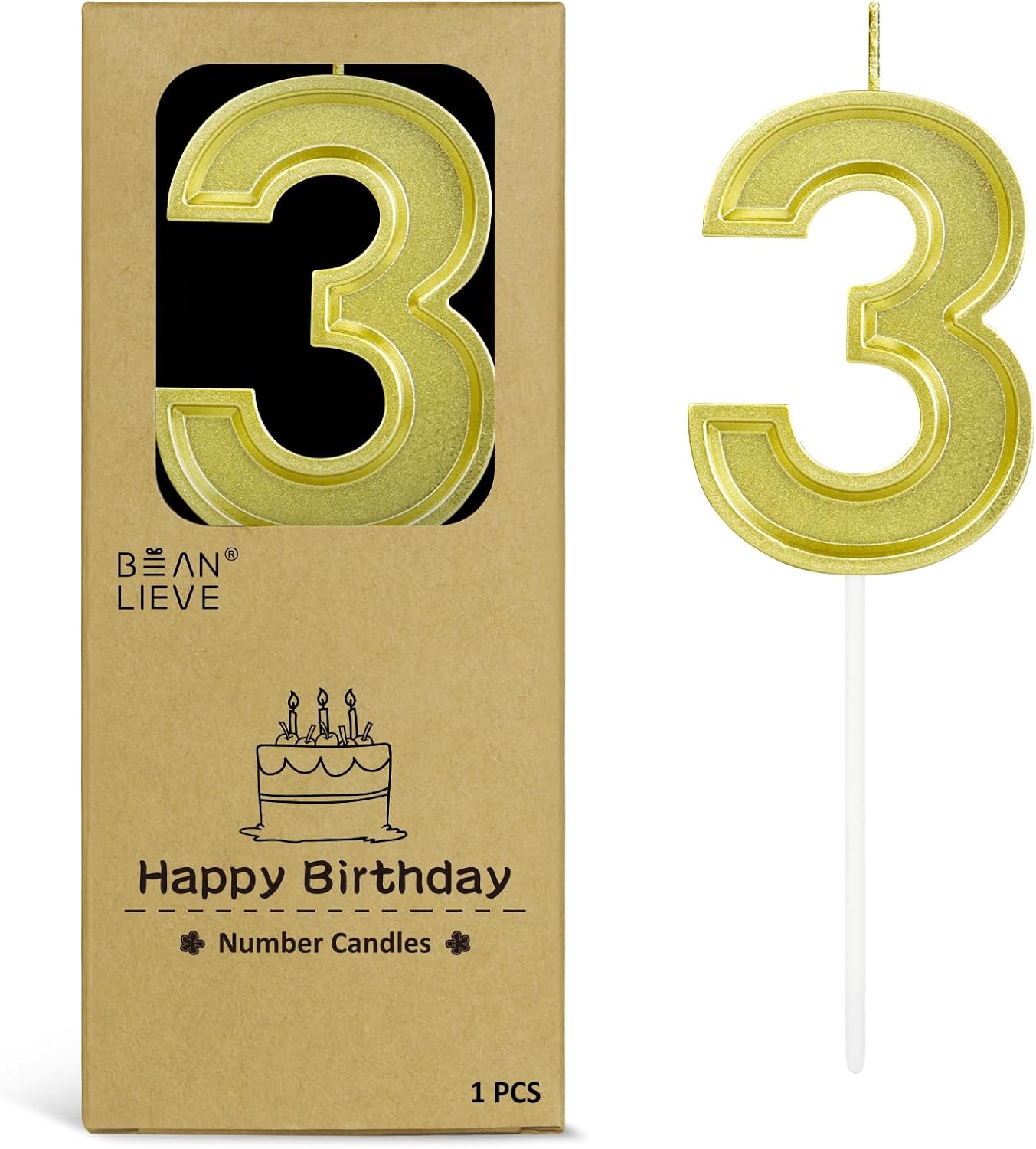 BEAN LIEVE Gold Birthday Candles Number 3, Gold Number Candles, Cake Number Candles for Birthday Parties and Wedding Anniversary Celebrations