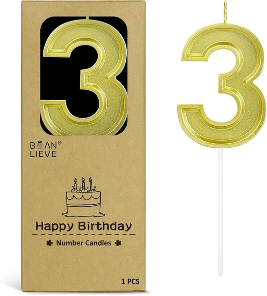 BEAN LIEVE Gold Birthday Candles Number 3, Gold Number Candles, Cake Number Candles for Birthday Parties and Wedding Anniversary Celebrations