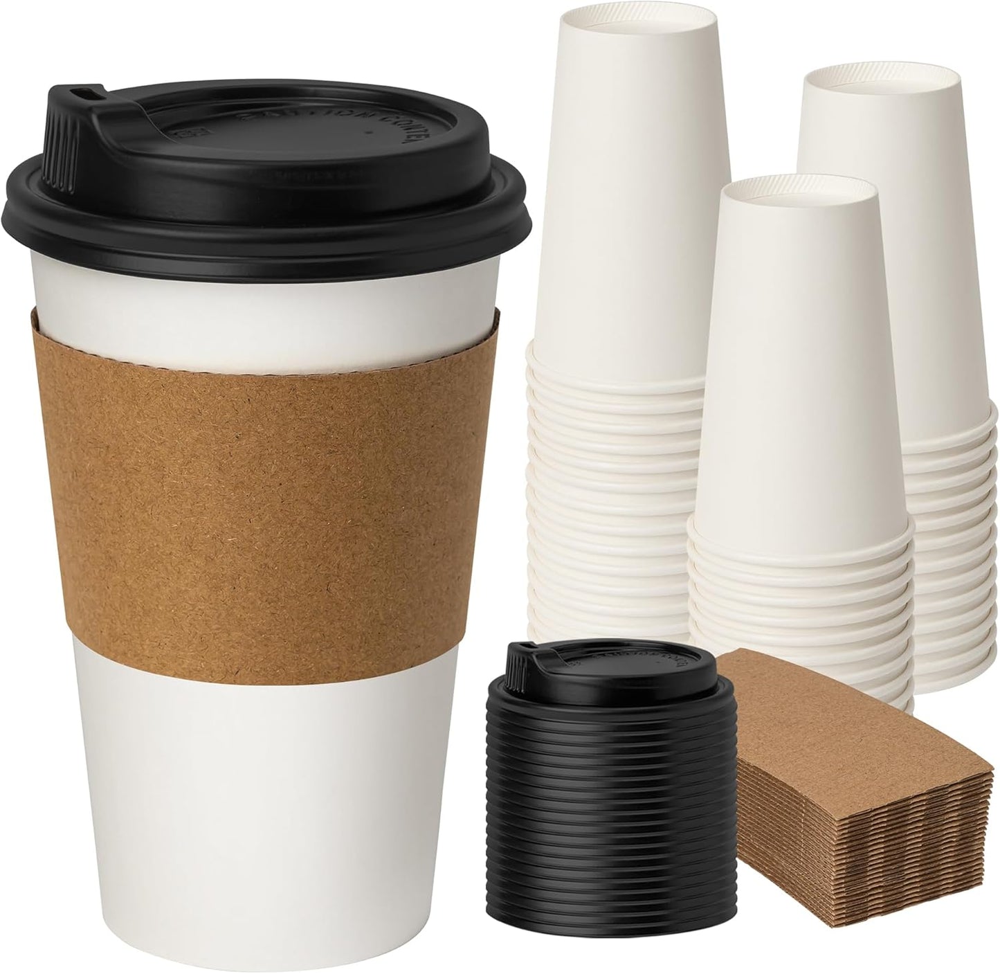 16 oz 50 Pack Disposable Coffee Cups with Lids and Sleeves, To Go Coffee Cups with Lids, Hot/Cold Beverage Drinking Cup for Coffee, Tea