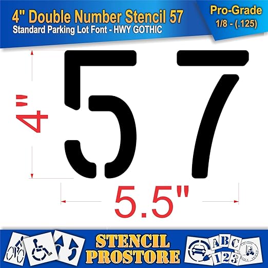 Pavement, Curb, and WheelStop Stencils - 4 inch Double Number Stencil - (57) - 4" x 5.5" x 1/8" (128 mil) - Pro-Grade