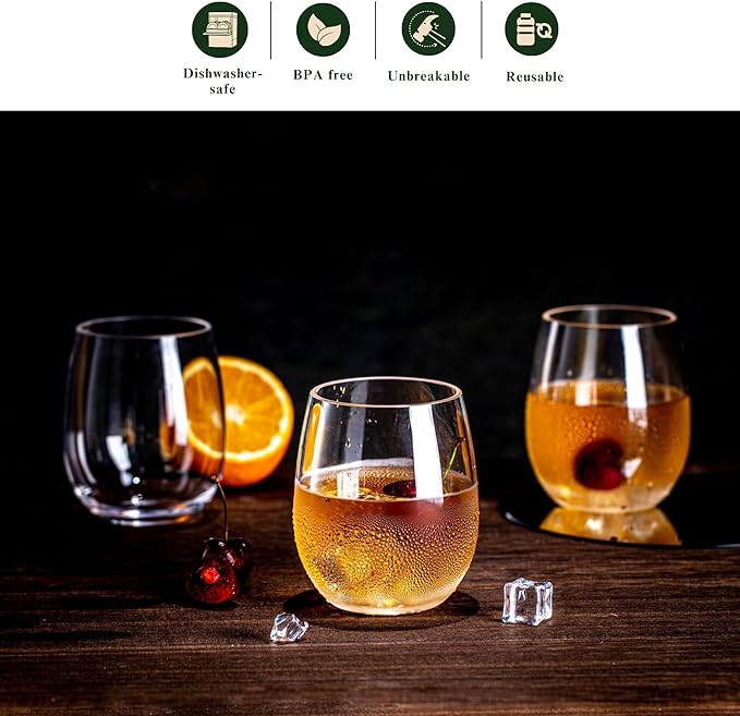 18oz Clear Stemless Wines Cups (Set of 6), Shatter-Proof Acrylic Glasses Drinkware, Reusable Plastic Bar Glasses, BPA-Free, Dishwasher-Safe
