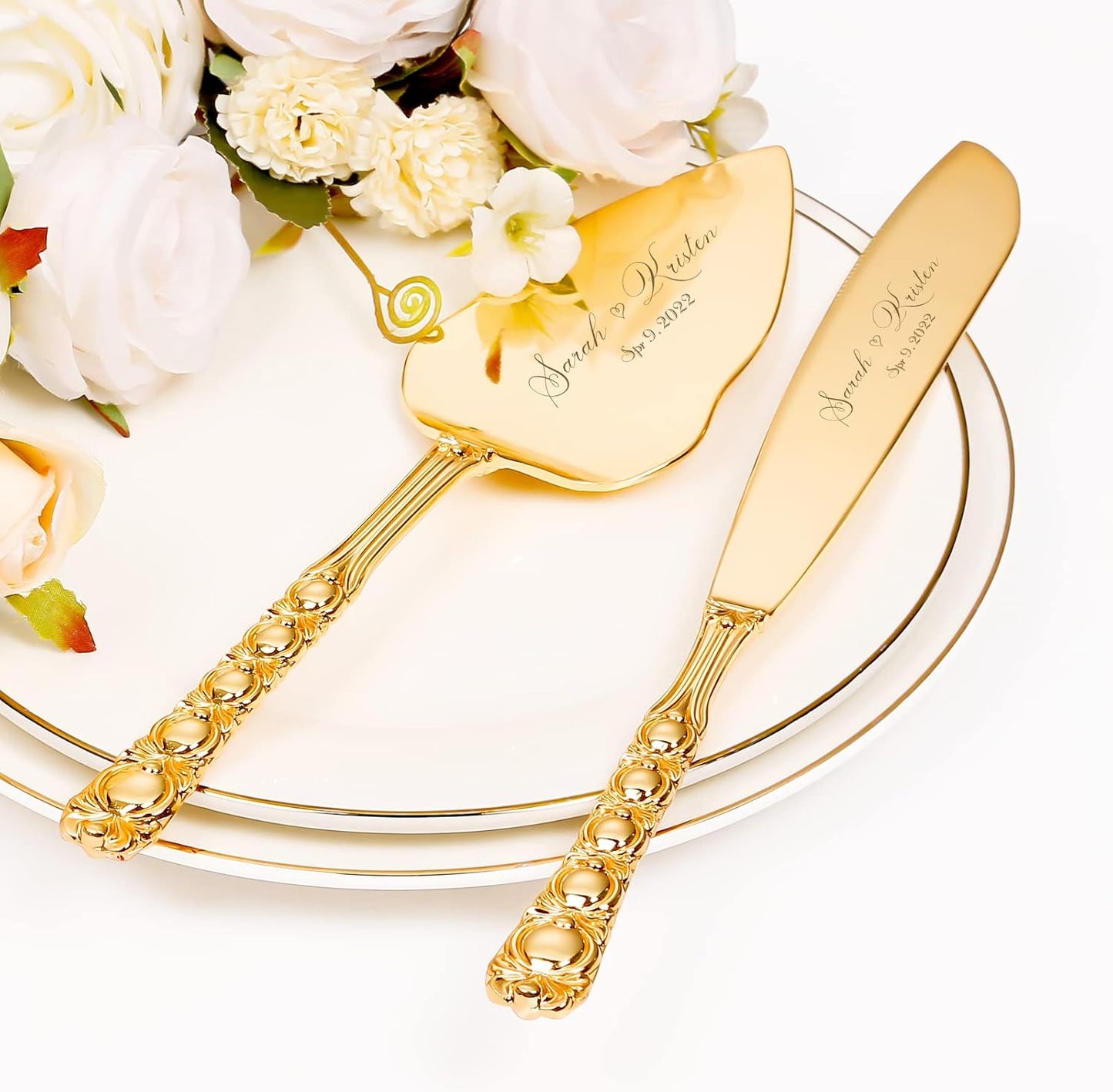 Wedding Cake Knife and Server Set, Personalized Gold Cake Cutting Set for Wedding, Engraved Classic Cake Knives Cutter Set, Pie Server, Birthday Bridal Quinceañera Gift (CUS-Bow)