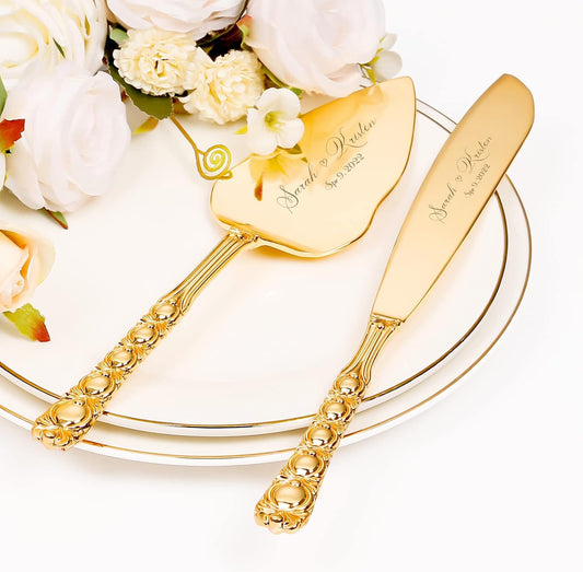 Wedding Cake Knife and Server Set, Personalized Gold Cake Cutting Set for Wedding, Engraved Classic Cake Knives Cutter Set, Pie Server, Birthday Bridal Quinceañera Gift (CUS-Bow)