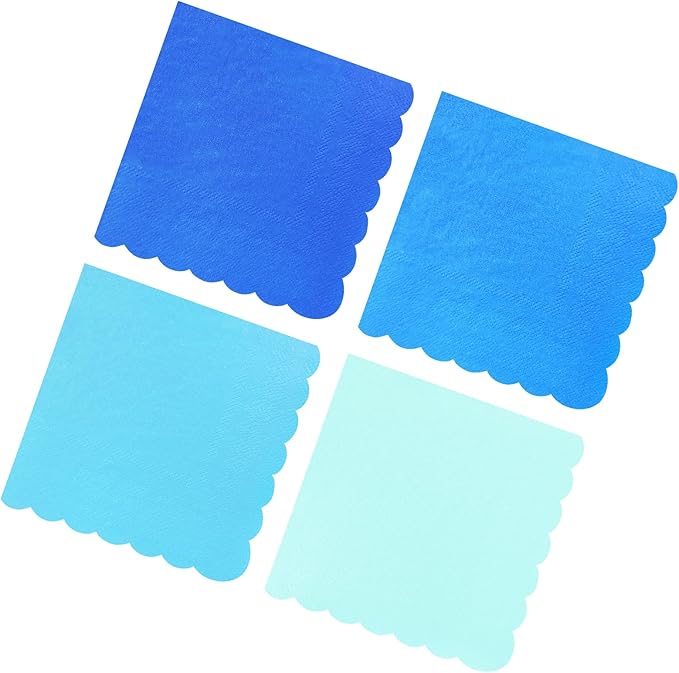 120PCS Dusty Blue Cocktail Party Napkins,Gradient Blue Scalloped Beverage Dessert Paper Napkin for Birthday Wedding