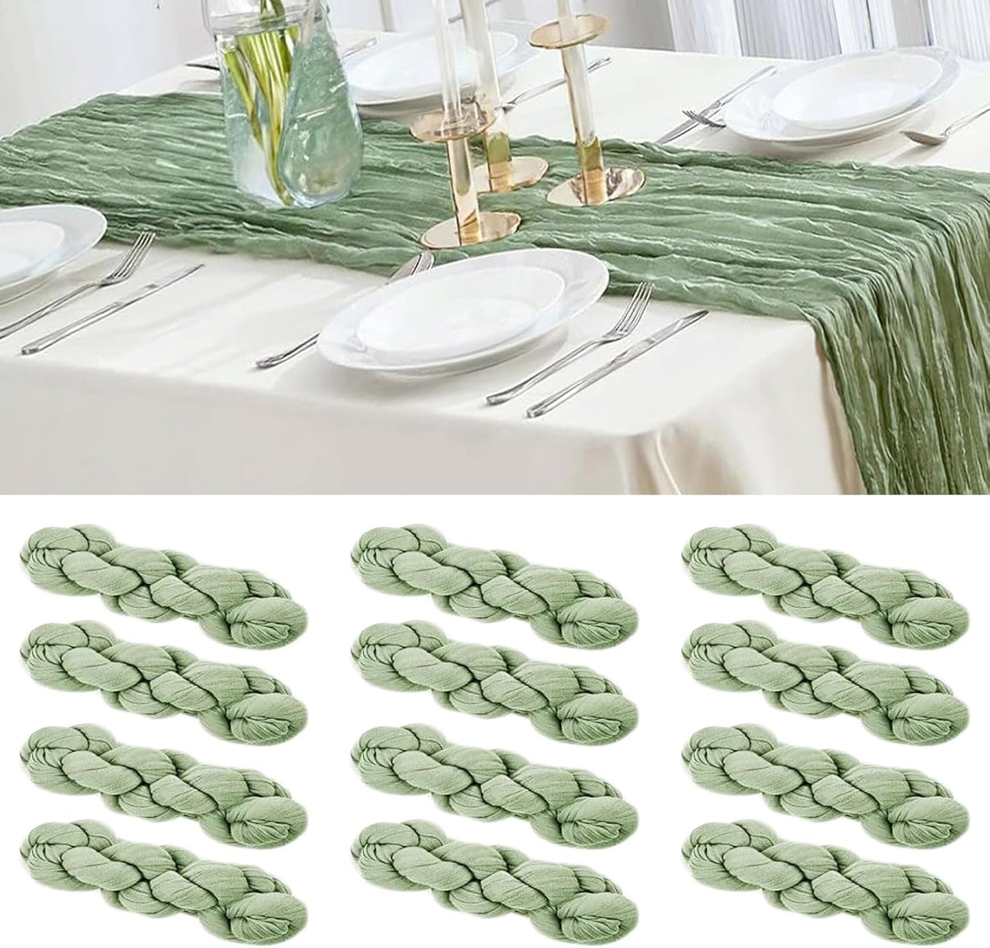 Sage Green Cheesecloth Table Runner 12 Pack – 35 x 120 Inch Gauze Fabric Boho Table Runners for Wedding Arch, Rustic Bridal Shower, Baby Shower, Party Decorations, Farmhouse Home Decor