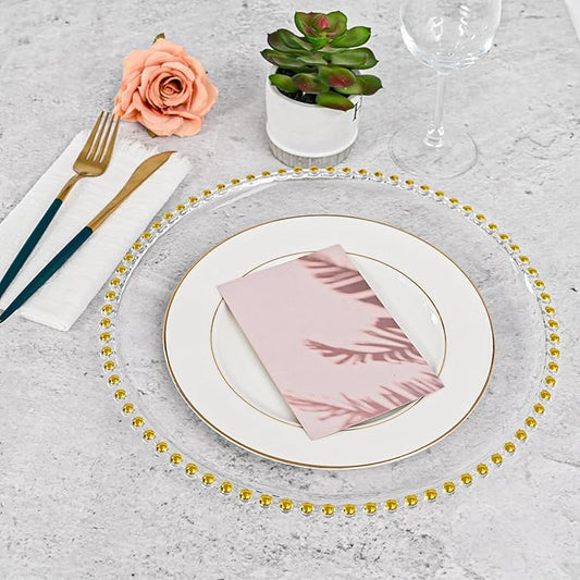 50 PCS Clear Round Charger Plates with Beaded Rim, 13 Inch Plastic Acrylic Plate, Plastic Round Beaded Dinner Decorative Service Plates for Wedding Party Event, Home Kitchen Tabletop(Gold)