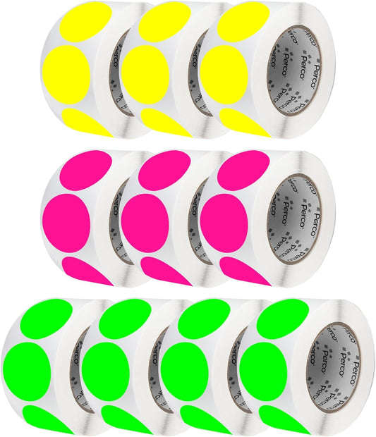 Perco 3-Inch Perforated Circle Dot Sticker Labels — 10 Rolls, 5,000 Round Fluorescent Stickers (4 Green, 3 Yellow, 3 Pink)—with Permanent Adhesive for Moving Boxes, Sale Signage, Displays—Made in USA