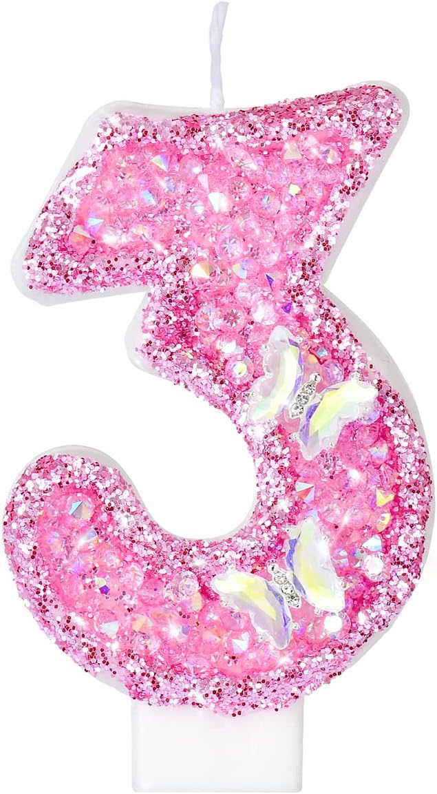 Birthday Candles, Number Candles for Birthday Cakes with Butterfly, Pink Birthday Candles Sparklers, 3.2" Cake Candles for Cake Topper Decoration, Party/Festival Celebration(Number 3)