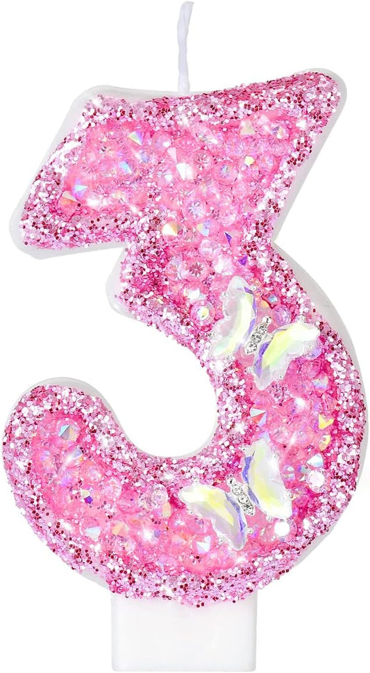 Birthday Candles, Number Candles for Birthday Cakes with Butterfly, Pink Birthday Candles Sparklers, 3.2" Cake Candles for Cake Topper Decoration, Party/Festival Celebration(Number 3)