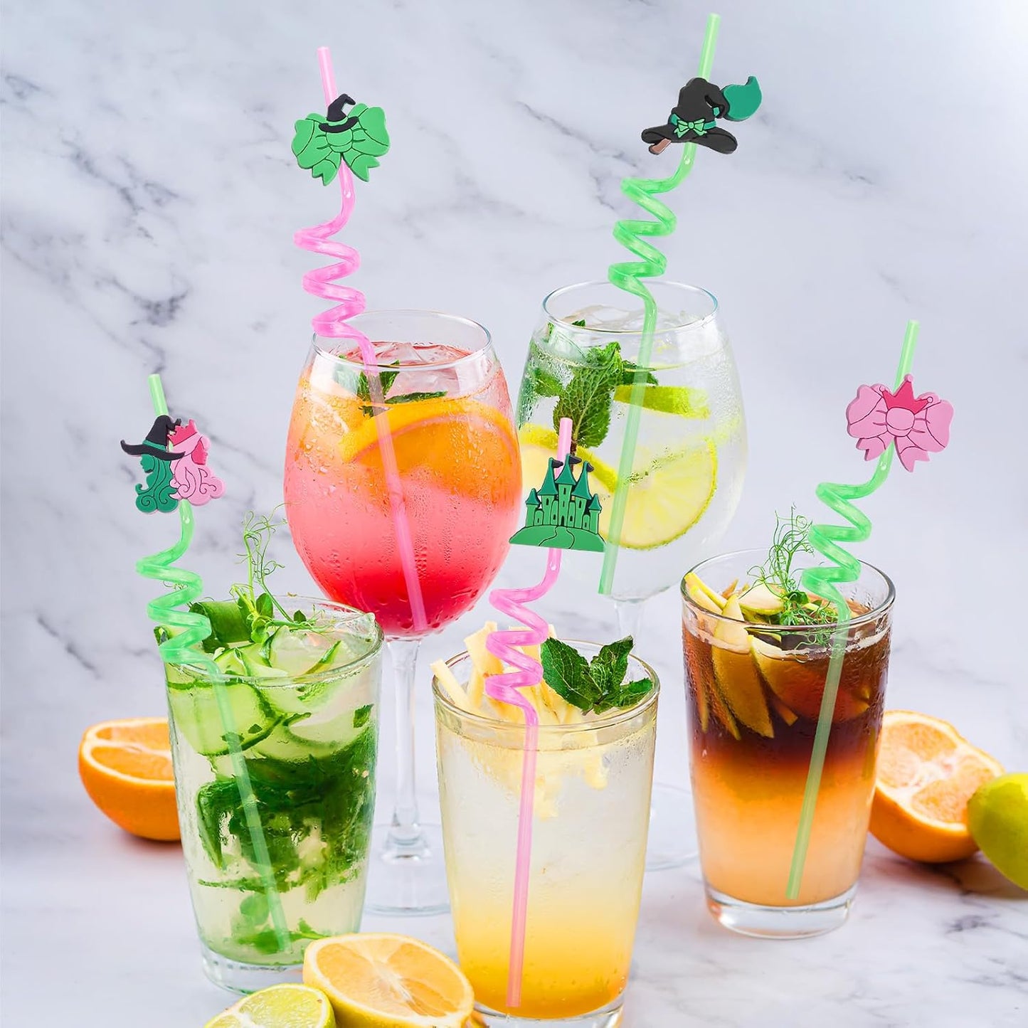 25 PCS Wicked Party Drinking Straws, Princess and Witch Theme Reusable Plastic Loop Drinking Straws with 2 Cleaning Brushes Pink and Green Birthday Favors Decorations for Kids