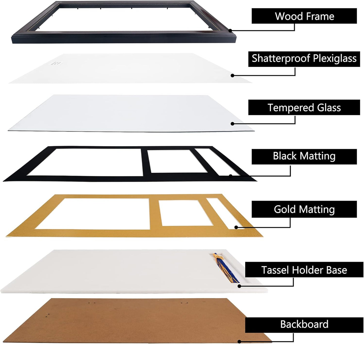 GraduationMall 11x22 Mahogany Diploma Frame with Tassel Holder and Picture for 8.5x11 Certificate 5x7 Photo,Real Glass,Black over Gold Mat