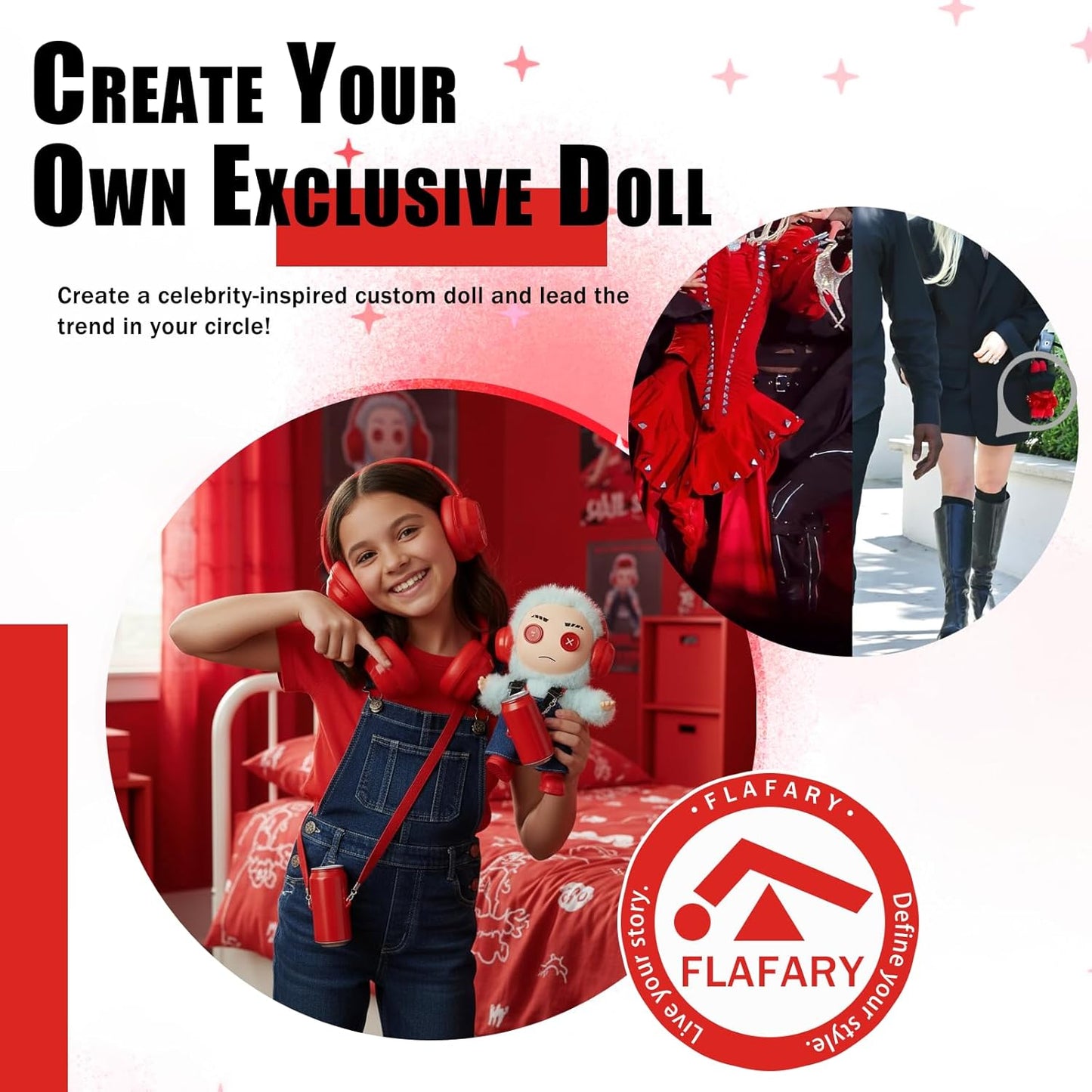 Doll Clothes for 17cm Dolls (No Doll Included) - Stylish and Adorable Outfits for Boys and Girls, Toy Fashion Accessories, Include Headphones, Small Bottle Pendant, Canvas Shoes(Red)