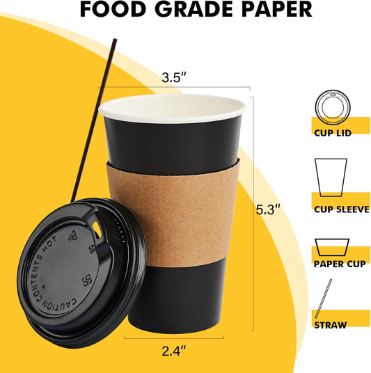 50 Pack 16 oz Coffee Cups with Lids, Black Disposable Coffee Cups with Lids, Sleeves and Stirring Sticks, Hot Paper Coffee Cup 16 oz for Hot Drinks, Parties, Picnic, Travel, and Events