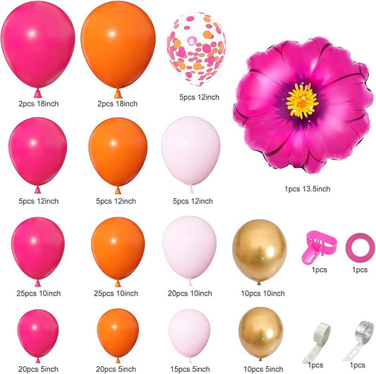 Ouddy Life 175Pcs Hot Pink and Orange Balloons Arch Garland Kit, Pink and Orange Party Decorations with Gold Balloons Foil Flowers for Women Wedding Bridal Tropical Bachelorette Birthday Decor, Large