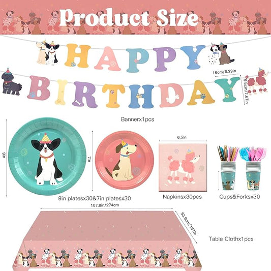 182Pcs Pet Dog Birthday Party Decorations,Retro Puppy Themed Paper Plates Napkins Disposable Pet Dog Tableware Supplies Serve 30 Guests,for Baby Shower Kids Birthday Party Favor