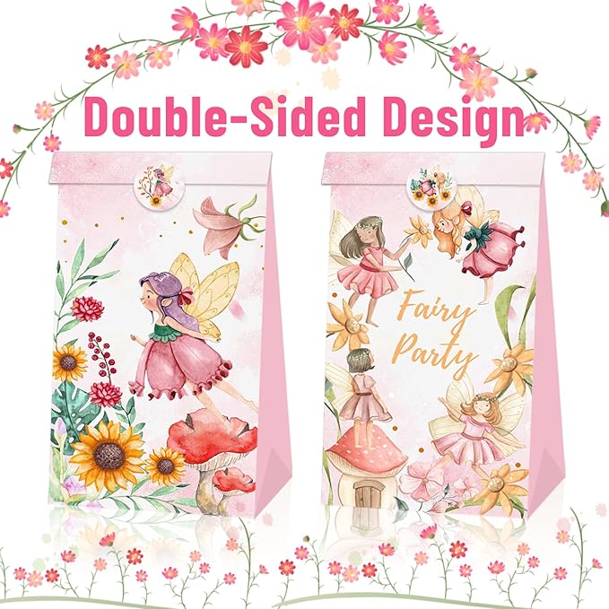 12 Pcs Fairy Party Favor Sunflower Gift Bags with Stickers Spring Floral Welcome Flower Party Favors Butterfly Paper Candy Goodie Treat Bags for Garden Decor Bday Bridal Baby Shower Wedding Supplies