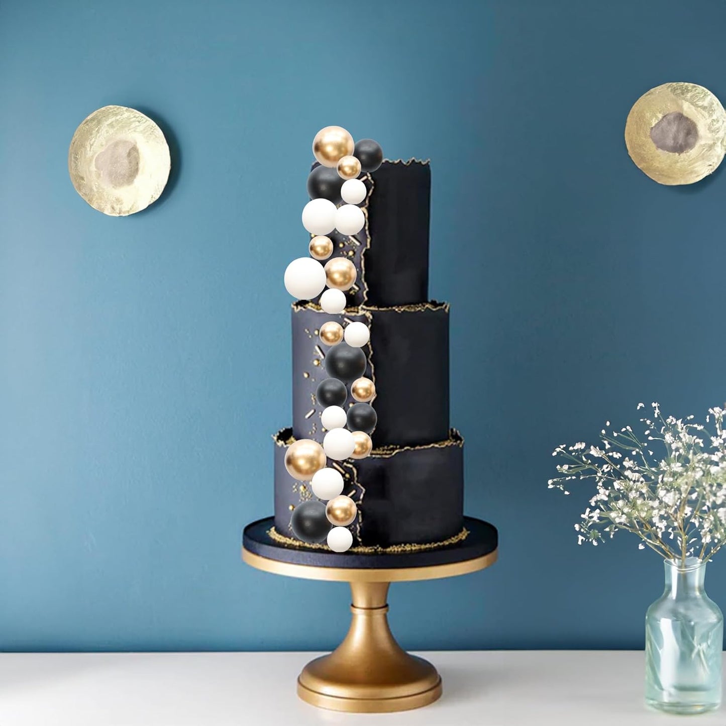 Ephlyn 30Pcs Ball Cake Topper Ball Cake Picks Colorful Pearl Ball Shaped Cupcake Insert Cake Topper for Bear Theme Birthday Party Favors Wedding Decoration Light Gold Black White