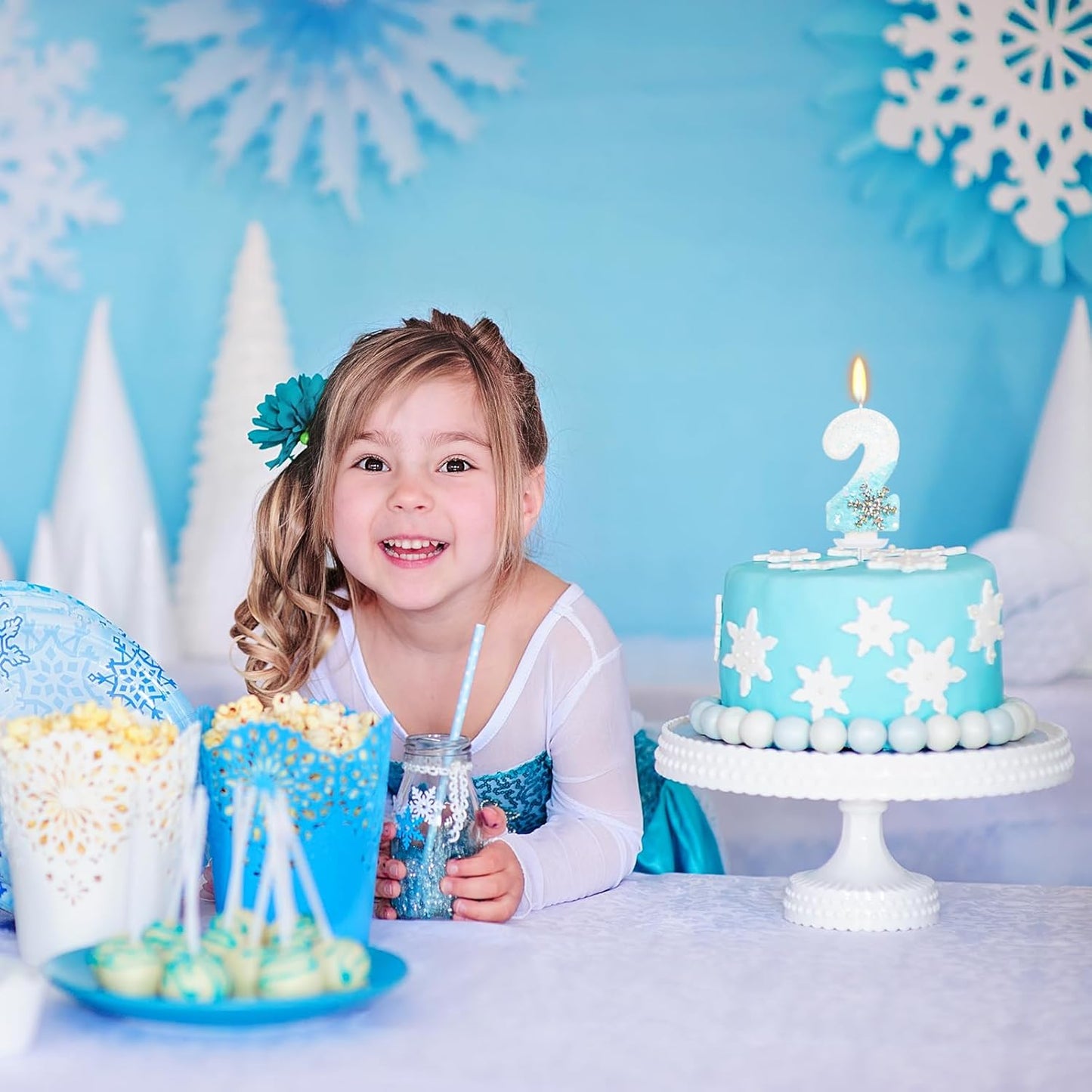 Sky Blue Snow Themed Birthday Candles, Birthday Candles for Party Supplies, 2.76 inch Number 2 Candle Cake Topper Decoration (Number 2)