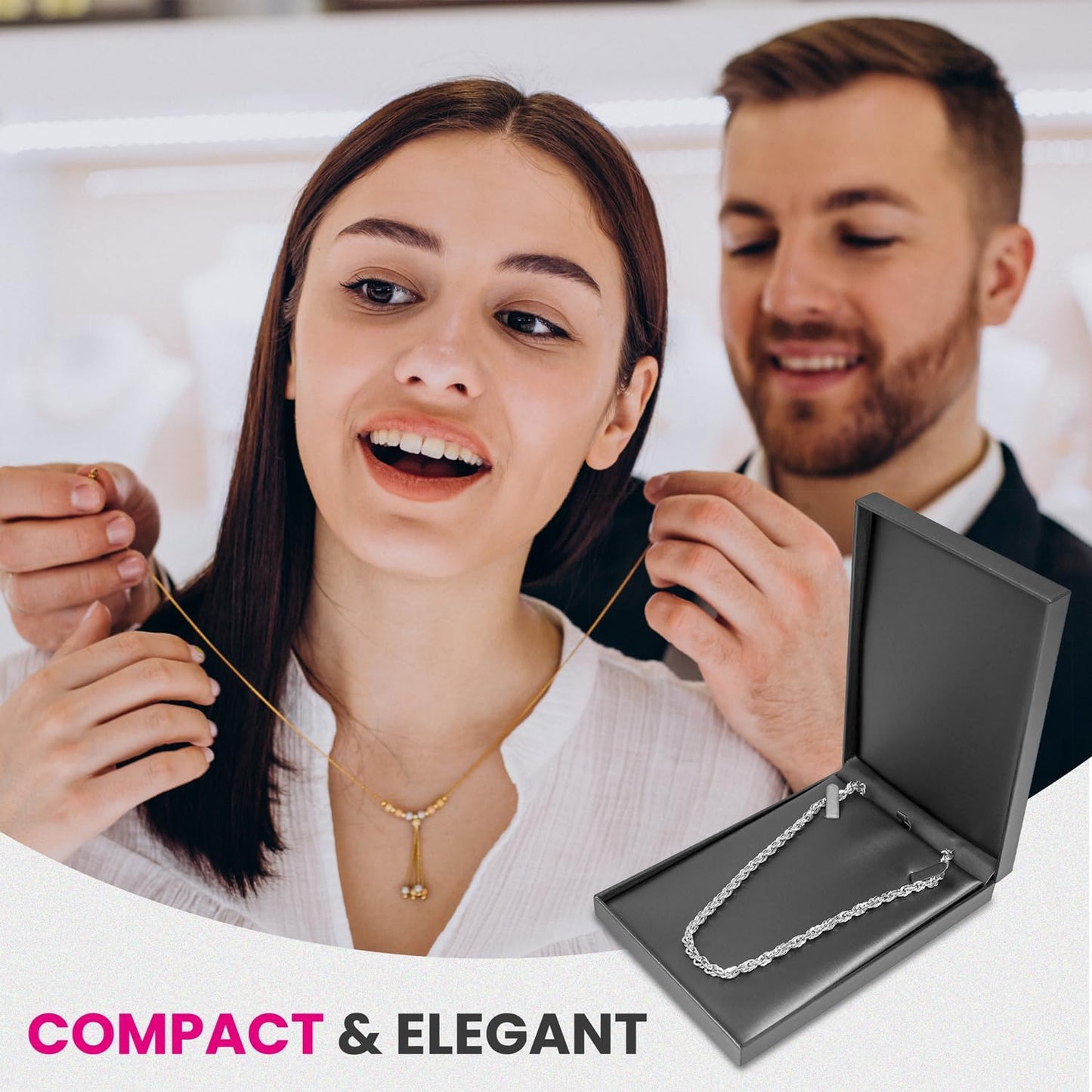 Novel Box Silver Jewelry Box for Necklace 5.5x8x1.87 Inches - Necklaces Gift Box for Proposal Wedding Engagement - Faux Leatherette Jewelry Display Box - Gift Presentation Boxes for Necklaces