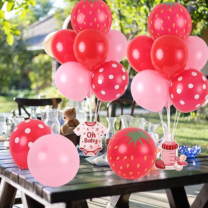 6 Sets Strawberry Balloon Stand Kit for Table Strawberry Baby Shower Centerpieces with Balloon Sweet Strawberry Party Balloon Decorations for Girls Strawberry Birthday Themed Supplies
