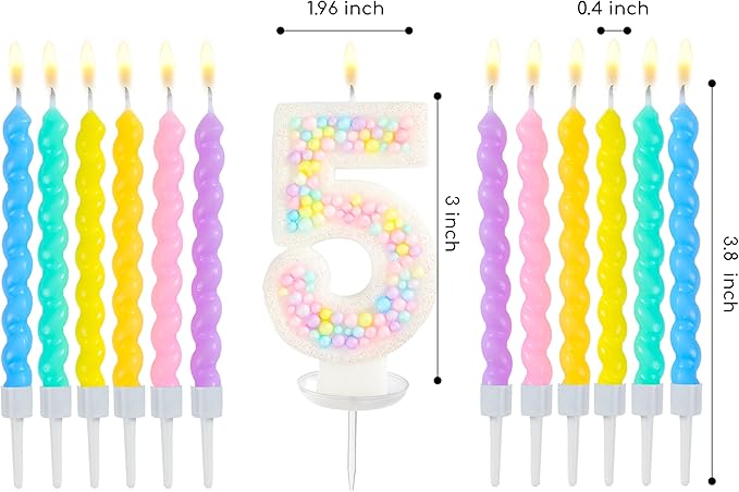 PHD CAKE Number 5 Birthday Candle Macaron Glitter Number Candle with Rainbow Spiral Candles in Holders for Cake Topper, Pastel Sweet Theme Party Decoration