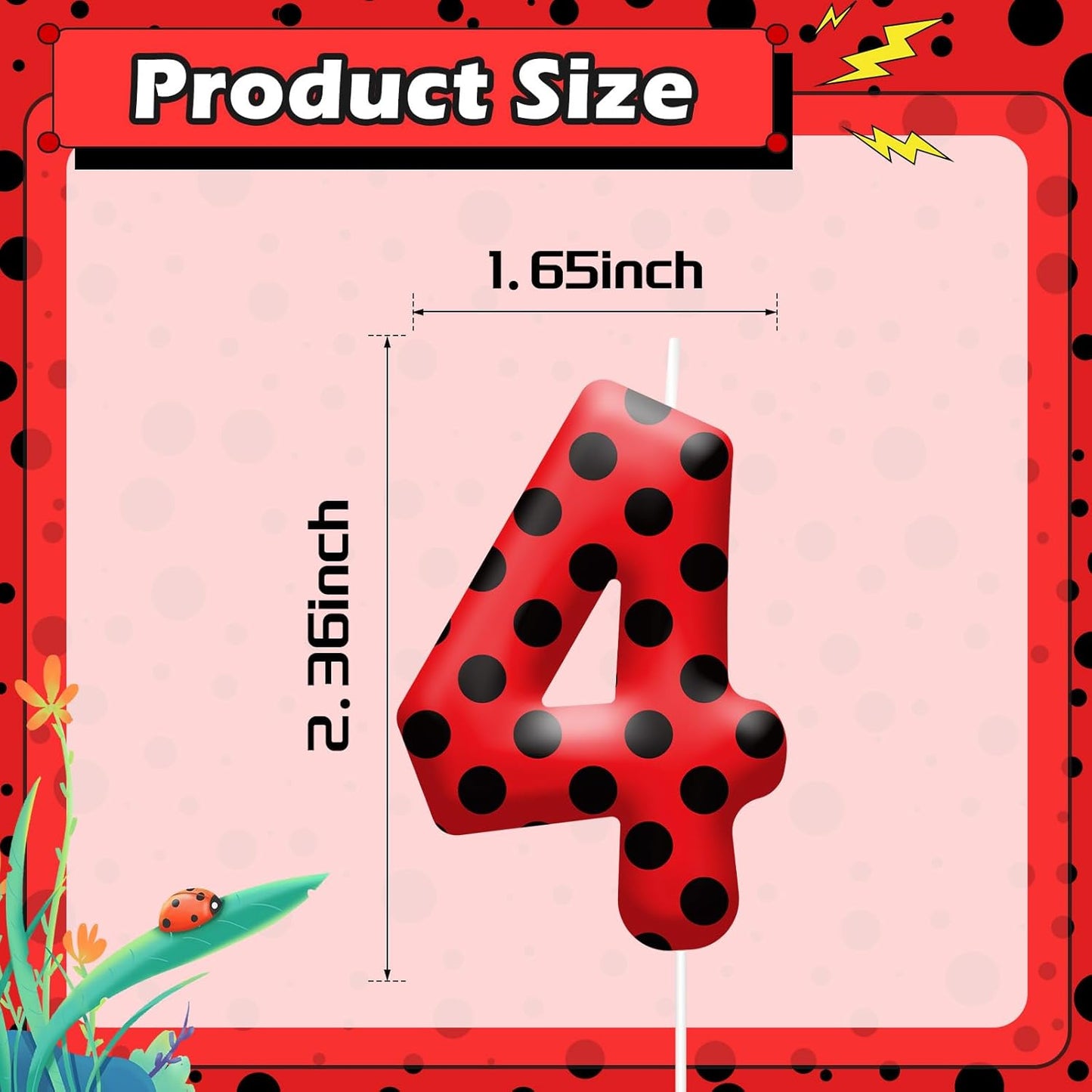 Ladybug Theme Birthday Candles - Red & Black Polka Dot Decorative Candles for Kids Ladybug Themed Parties, Baby Showers, Birthday Cakes, and Ladybird Inspired Celebrations(Number 4)
