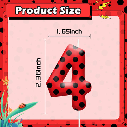 Ladybug Theme Birthday Candles - Red & Black Polka Dot Decorative Candles for Kids Ladybug Themed Parties, Baby Showers, Birthday Cakes, and Ladybird Inspired Celebrations(Number 4)