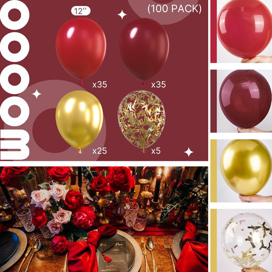 PartyWoo Burgundy Balloons 100pcs 12 Inch Metallic Gold Dark Red Maroon Confetti Balloons for Graduation Wedding Thanksgiving Birthday Bachelorette Citizenship Strawberry Casino Party Decorations