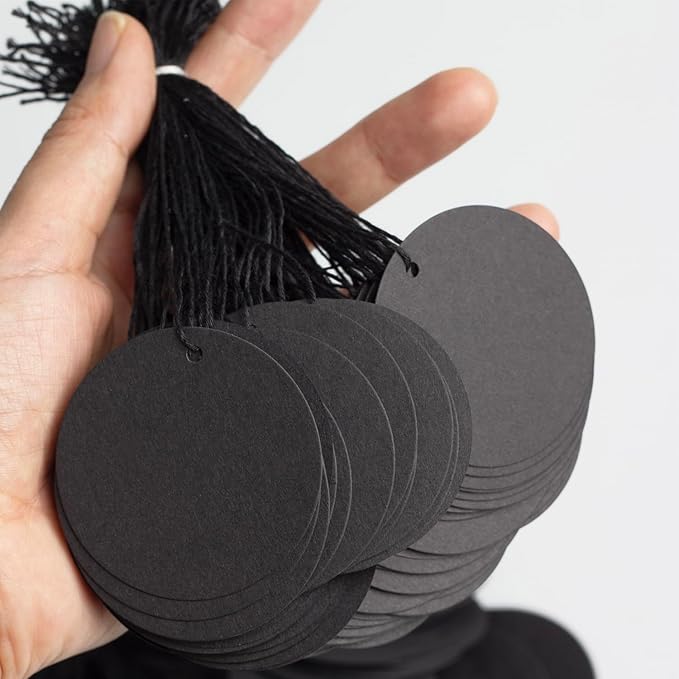 500Pcs Pre-Tied Round Hang Tags, 2" x 2" Blank Price Tags with String Attached, Display Label for Holiday Arts Crafts(Black)